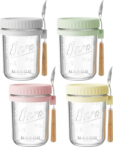 HomArtist Recipientes de avena de 16 onzas con tapas y cucharas, paquete de 4 tarros Mason de boca ancha con tapas herméticas, tarros de avena para