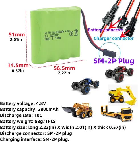 Miniatura 2 de sea jump Batería recargable AA de 4.8 V 2800 mAh con enchufe SM-2P y cable de carga USB para SY-E511 RC Excavadora Camión Ingeniería Vehículo E562