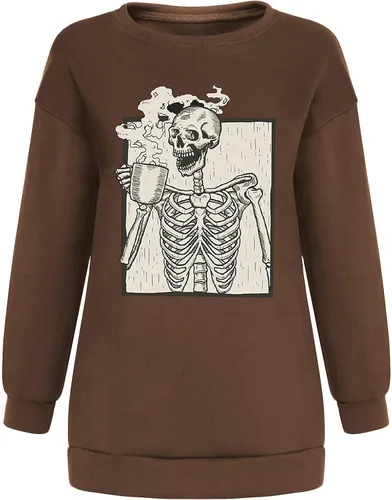 Miniatura 4 de Meladyan - Sudadera de forro polar con estampado de calavera de Halloween de gran tamaño, cuello redondo, manga larga, hombros caídos