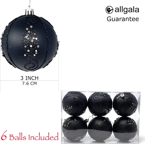 Miniatura 2 de Allgala - Paquete de 6 bolas para decorar el árbol de Navidad, 3" con lujosa decoración con brillantina (negro)
