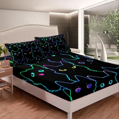 Miniatura 4 de Erosebridal Juego de ropa de cama para niños, sábanas kawaii con diseño de gato, tamaño individual, juego de cama de 3 piezas con 1 sábana bajera, 1
