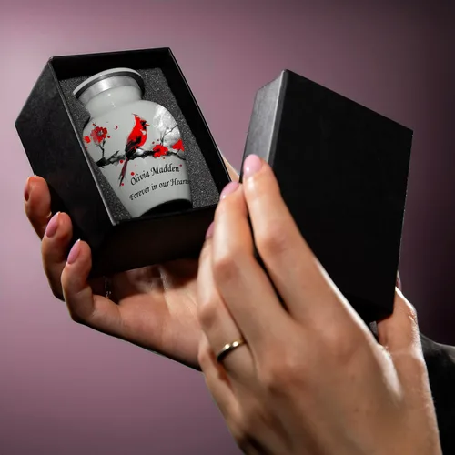 Miniatura 7 de Mini urna gris para cenizas, diseño cardenal y flor, pequeño recuerdo de cremación personalizado, hecho a mano en Estados Unidos, incluye bolsa