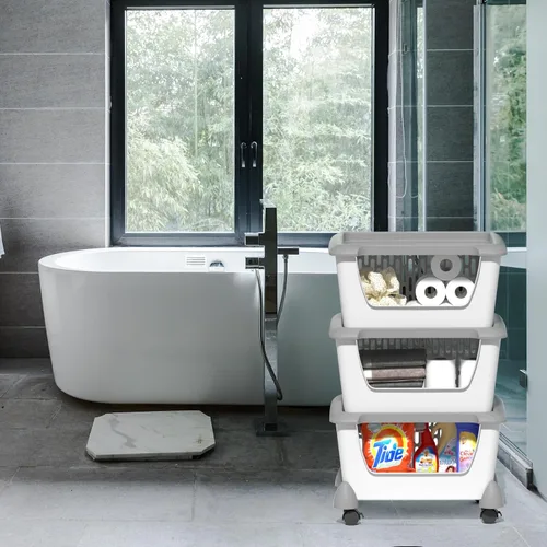 Miniatura 7 de Morcte Paquete de 5 cestas de almacenamiento apilables de plástico con tapas, cesta organizadora apilable con ruedas, color gris Stacking