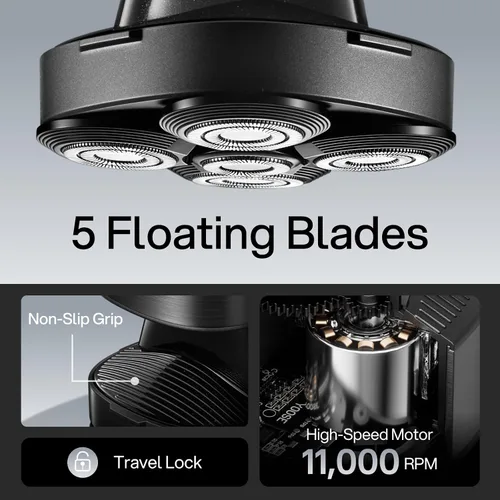 Miniatura 6 de yoose Maquinilla de afeitar eléctrica IPX7 para hombres calvos, diseño ergonómico, USB-C, uso de 90 minutos, 5 cabezales de corte flotantes, control