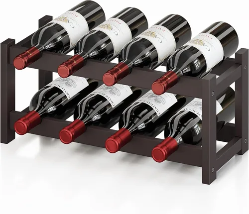 Miniatura 10 de BAMEOS Estante de vino independiente de 2 niveles y 8 botellas, estantes de vino de bambú, gabinete de encimera, soporte de vino, estante