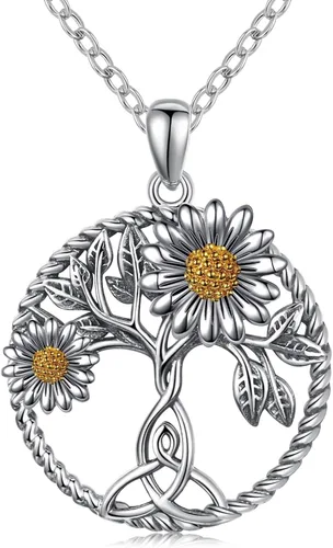 CHENGHONG Collar de girasol de plata de ley 925, collar con colgante de árbol de la vida, margaritarosagirasol, joyería de girasol, regalos para