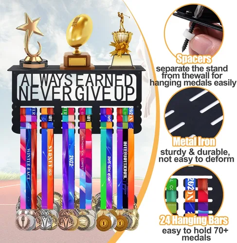 Miniatura 6 de Biggun Estante de exhibición de medallas y trofeos de metal - Colgador de medallas fácil de instalar con estante para trofeos, soporte para medallas