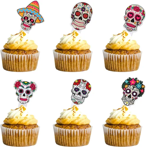 Juego de 24 piezas de decoración de pastel Día de los Muertos Día de los Muertos, decoración de fiesta de cumpleaños, suministros de decoración de
