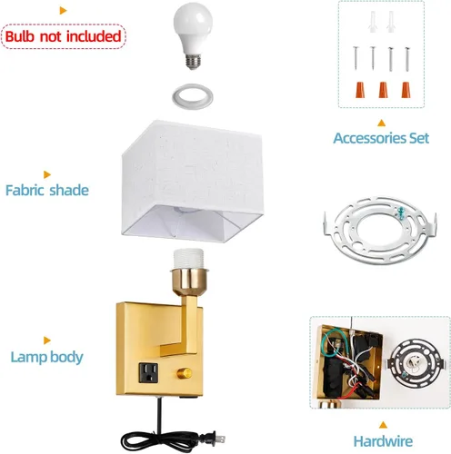 Miniatura 4 de Aplique de pared enchufable, lámpara de pared de cabecera con enchufe y interruptor regulable, con puerto de carga USB y toma de corriente, adecuado