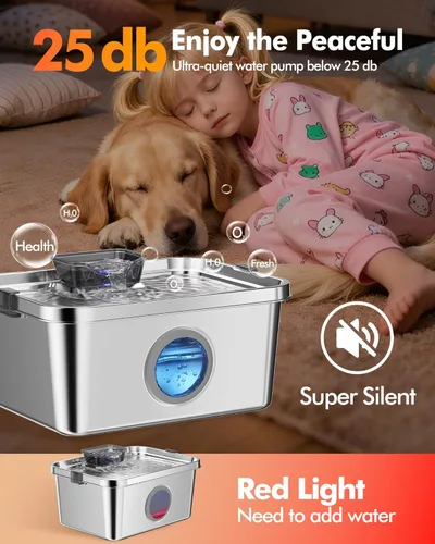 Miniatura 6 de Fuente de agua para perros de 12 litros, fuente de agua de acero inoxidable para perros grandes, gatos, hogar múltiple, fuente silenciosa