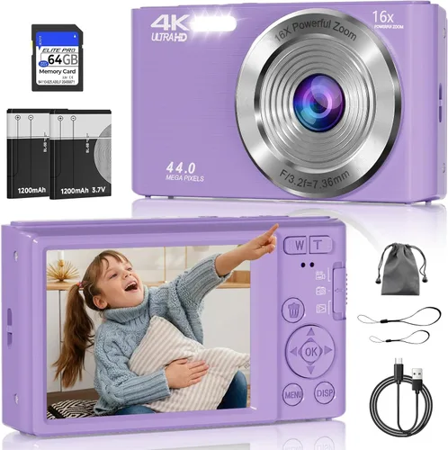 Miniatura 11 de Cámara digital 4K, cámara digital compacta digital de enfoque automático, zoom digital de 16X, cámara de viaje mejorada con tarjeta SD de 64 GB, 2