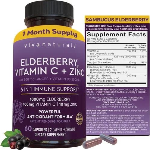 Miniatura 10 de Viva Naturals Baya de saúco negro de 1000 mg con vitamina C, D3 5000 UI y zinc, suplemento de apoyo inmunológico 5 en 1 para adultos, cápsulas