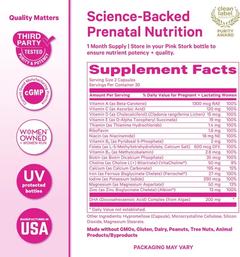 Miniatura 6 de Pink Stork Vitaminas prenatales totales para mujeres DHA vegano, metilfolato, hierro, colina, vitamina B12 Nutrición preconceptiva Sin eructos