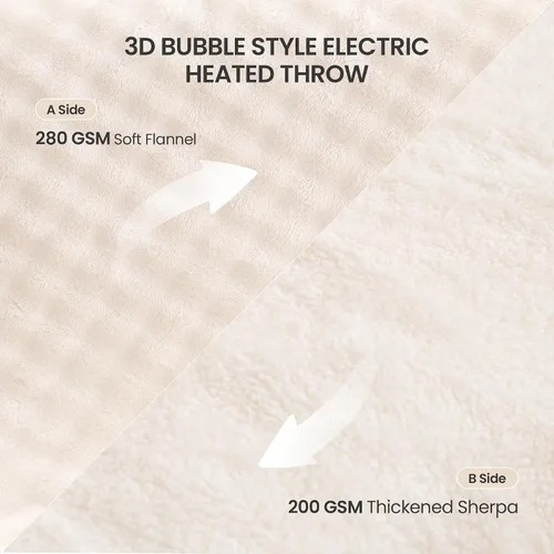 Miniatura 3 de Manta térmica de 50 x 72 pulgadas, manta eléctrica con forma de burbuja 3D, franela suave y forro polar sherpa grueso, 6 ajustes de calor