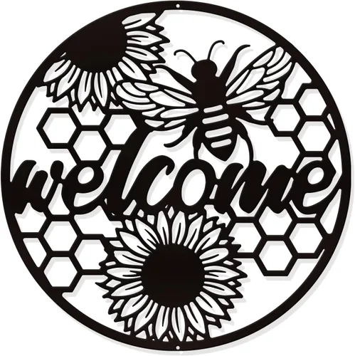 NBEADS Decoración de pared metálica de bienvenida de abeja, decoración negra para colgar en la pared, silueta de hierro, arte de pared para el