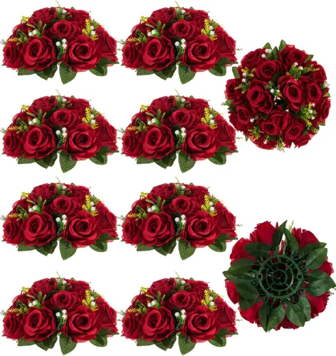 Miniatura 39 de BLOSMON Bolas de flores, centros de mesa de rosas de boda: 2 piezas de flores falsas carmesí decoración de bolas de besos Arreglos florales