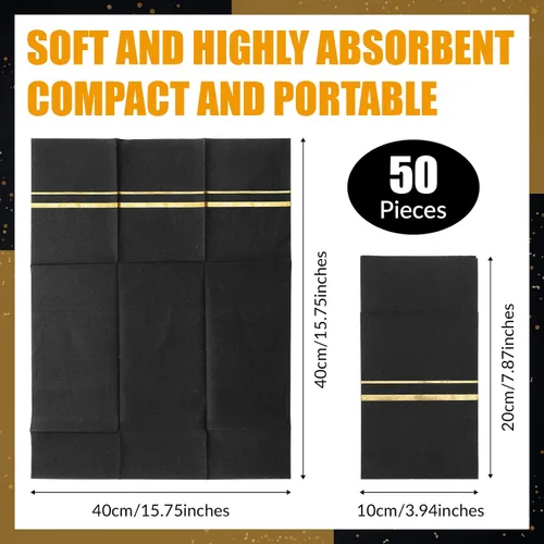 Miniatura 2 de Roshtia Paquete de 50 servilletas desechables de lino con bolsillo integrado para cubiertos con ribete dorado, papel preplegado para bodas