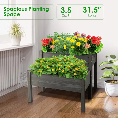 Miniatura 6 de RELAX4LIFE Cama de jardín elevada de 2 niveles, maceta elevada de madera de abeto con patas, 8 agujeros de drenaje, capacidad de 220 para cultivar