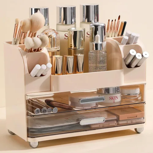 Miniatura 5 de Organizador de maquillaje Anyoifax para encimera con cajones grandes, organizador de tocador con soporte para brochas, almacenamiento
