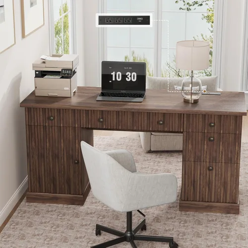 Miniatura 10 de Garvee 60" Office Desk with Storage & Drawers. Fluted Wood Computer Desk with Power Outlet & Adjustable Shelves.Modern Executive Desk for Home