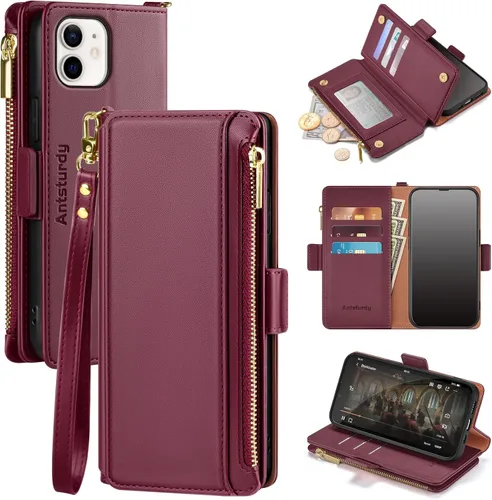 Antsturdy Funda tipo cartera compatible con iPhone 12 mini, de piel sintética, con bloqueo RFID, para mujeres y hombres, con función atril, correa