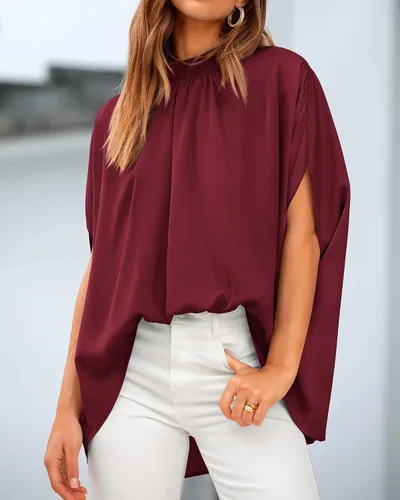 Miniatura 114 de BTFBM Blusas de verano para mujer, cuello alto falso, manga murciélago, holgadas, dobladillo alto y bajo, blusas informales de gran