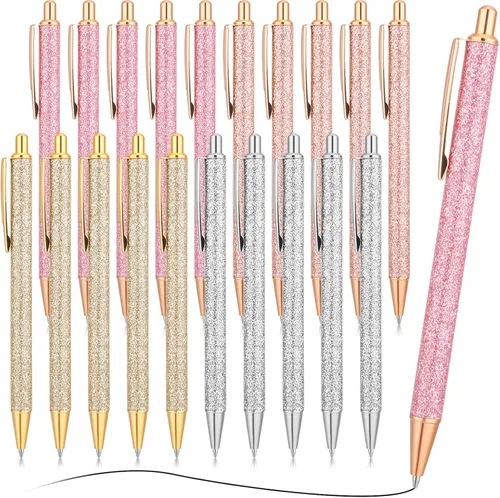 Miniatura 8 de Leinuosen - 20 bolígrafos con purpurina, cómodos bolígrafos de metal retráctiles de tinta negra con punta media para suministros de oficina Plateado