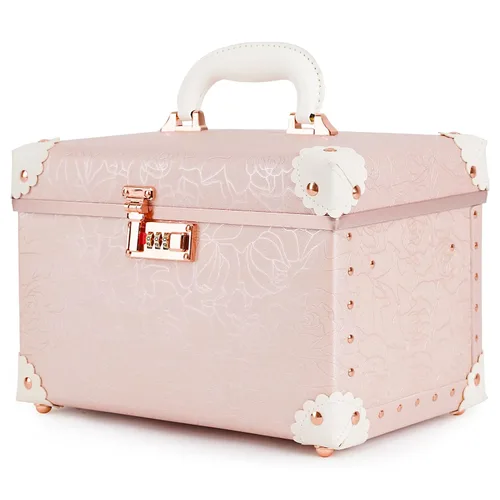 Miniatura 11 de urecity Estuche de maquillaje vintage de piel artificial, organizador profesional de cosméticos con cerradura de combinación de metal, caja