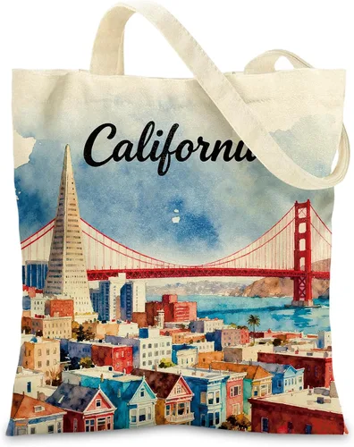 Canvas Tote Bags with Inner Pockets & Metal Snap, Womens Aesthetic Reusable Tote Bag for Vacation Travel Gym Shopping California