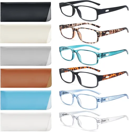 Paquete de 6 lentes de lectura con bloqueo de luz azul, lectores de bisagra de resorte para mujeres y hombres, anteojos anti UV con 6 fundas de cuero
