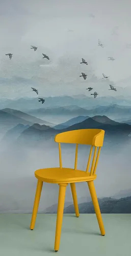Miniatura 5 de Papel tapiz para guardería. Papel tapiz de pájaros que vuelan sobre la montaña. Papel tapiz removible, pintura de acuarela de vista de montaña.