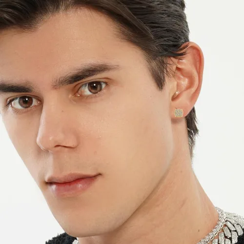 Miniatura 3 de TOPGRILLZ Aretes de tuerca chapados en oro de 14 quilates 5A+ con circonita cúbica en racimo de diamantes redondos para hombres y mujeres
