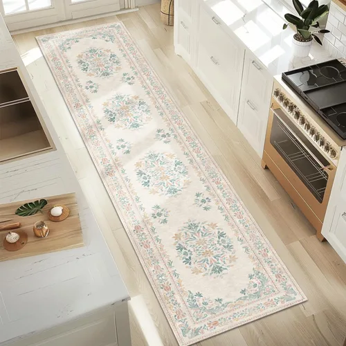 Miniatura 112 de Jinchan Fiora - Alfombra redonda de 8 pies, alfombras vintage con diseño floral envejecido, lavable a máquina, antideslizante, de pelo bajo, Azul