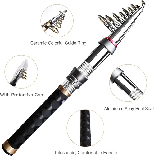 Miniatura 3 de Kit de caña de pescar, combo de caña de pescar telescópica de fibra de carbono y carrete con carrete giratorio, línea, cebo biónico, anzuelos