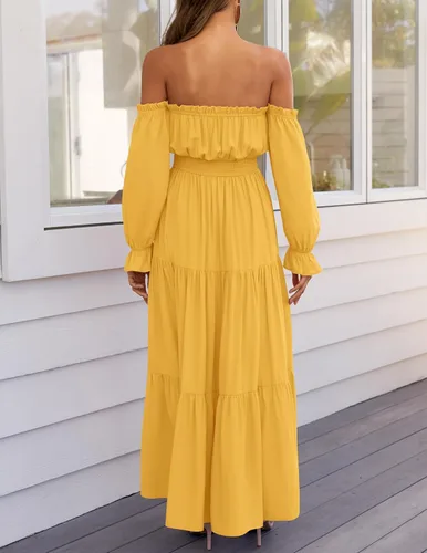 Miniatura 107 de ZESICA - Vestido largo, bohemio y sexy, con hombros descubiertos y manga larga fruncida, con elástico fruncido, cintura alta y abertura lateral