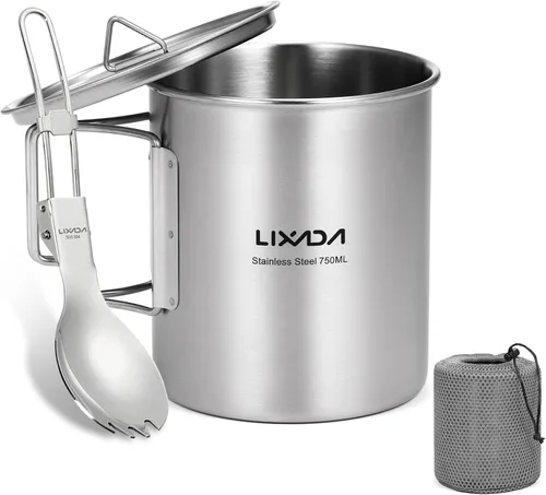 Miniatura 10 de LIXADA Taza para acampar, taza de agua de acero inoxidable de 25.4 fl oz con asas plegables y tapa para acampar al aire libre, senderismo, mochilero