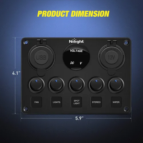 Miniatura 5 de Nilight 90101E - Cargador USB dual de 5 bandas multifunción basculante + volímetro digital + salida de 12 V, panel de interruptores precableado