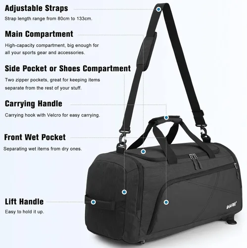 Miniatura 6 de G4Free Mochila de lona de 3 vías de 45L60L, bolsa de gimnasio con bolsillo húmedo y compartimento para zapatos, bolsa de lona para viajes