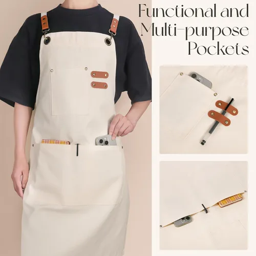 Miniatura 4 de Delantales de chef para hombres y mujeres con bolsillos grandes, delantal de cocina de lona de algodón repelente al agua para cocinar