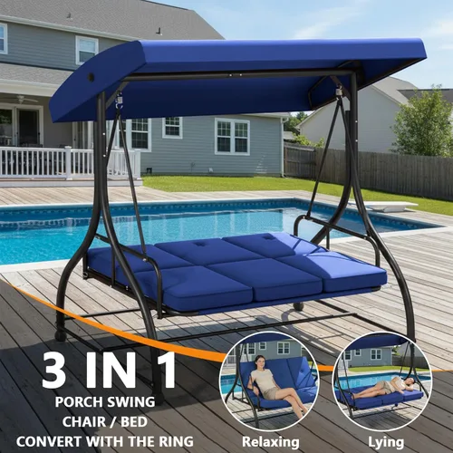 Miniatura 2 de Cama columpio para porche de 3 asientos con toldo ajustable y cojines extraíbles, marco de acero resistente, columpio para patio al aire libre, Azul