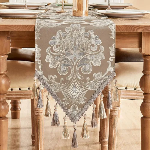Miniatura 11 de Loom and Mill Camino de mesa de lujo de 72 pulgadas de largo, elegante camino de mesa de damasco jacquard con borlas múltiples hechas a mano