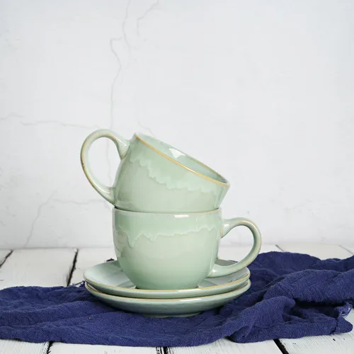 Miniatura 6 de Bosmarlin Juego de 2 Tazas de Capuchino y Platillo de Cerámica, 10 Oz, Tazas de Café para Café con Leche, Espresso, Té, Aptas para Lavavajillas