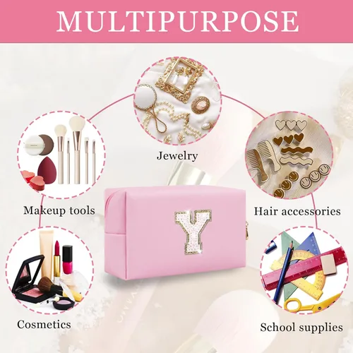 Miniatura 4 de Bolsa de maquillaje con parche de letra inicial personalizada, bolsa de cosméticos de chenilla preppy con letra de chenilla con cremallera, Y