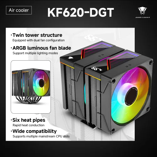 Miniatura 2 de KF620-DGT Enfriador de aire para CPU, ventiladores duales ARGB PWM, 6 tubos de calor, cubierta superior con pantalla digital - Enfriamiento de alto
