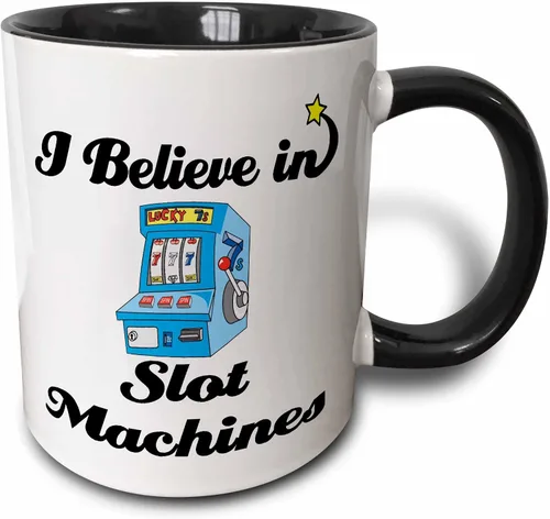 3dRose I Believe in Slot Machines - Taza de cerámica, 11 onzas, negro/blanco