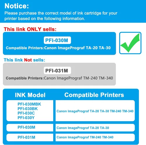Miniatura 2 de LCL Cartucho de tinta de pigmento compatible de repuesto para Canon PFI030 PFI-030 PFI030M PFI-030M ImagePrograf TA-20 ImagePrograf TA-30