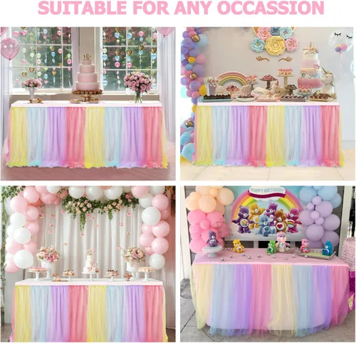 Miniatura 3 de Faldas de mesa de tul arcoíris de 6 pies para mesas rectangulares o cubierta de mesa redonda con falda de princesa arcoíris con volantes de tul tutú