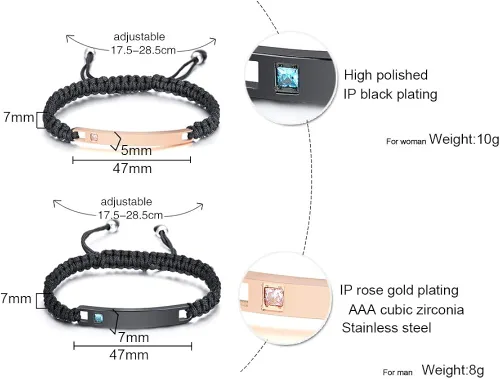 Miniatura 2 de XUANPAI Pulseras para parejas, personalizadas, hechas a mano, con cuerda trenzada, placa de identificación para mujeres y hombres, Metal, no conocido