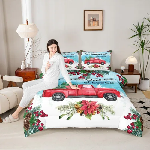 Juego de edredón de Feliz Navidad para niños, tamaño twin, juego de ropa de cama de camión rojo árboles de pino copos de nieve, decoración de