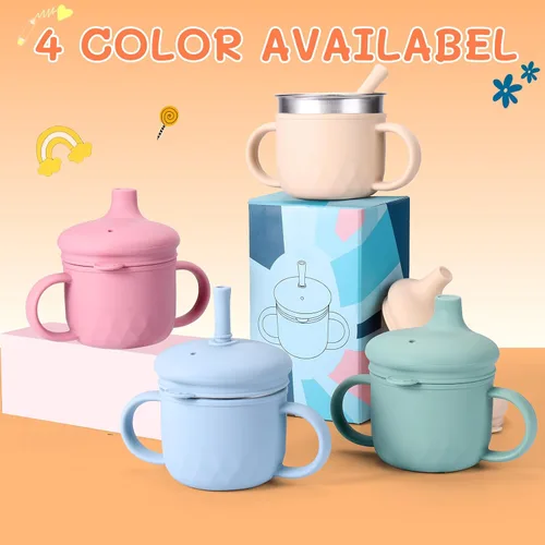 Miniatura 8 de BUSOHA Vasos para sorber de acero inoxidable, 3 en 1 de silicona para niños pequeños, vaso de paja para bebés con cepillo para niños con tapa